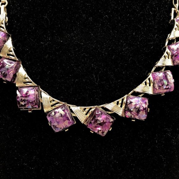 VTG 80s CORO Purple Glitter Stone Silver Necklace 17" Chain Art Deco Luxury Gift - Picture 2 of 8